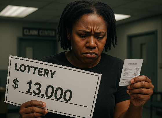 Sad Black woman shocked by NYC lottery payout receipt after major deductions
